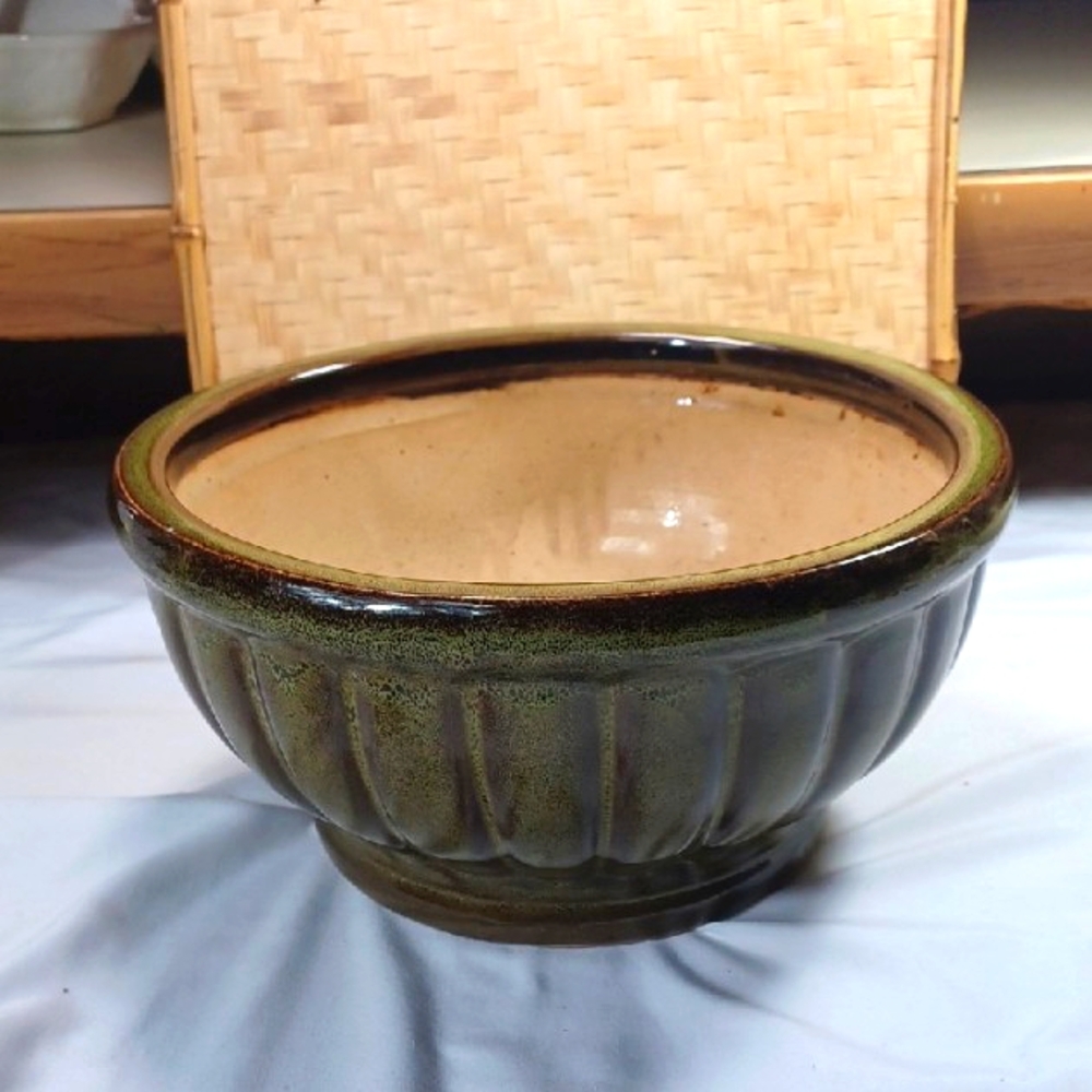 Vintage HandMade  Green Clay Hand Spun  Planter  10 Inch